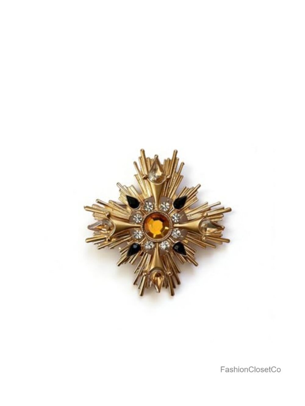 Gold Tone Starburst Statement Brooch with Crystal Accents Fashion Jewelry Pin